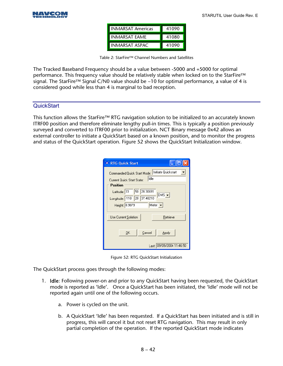 Quickstart, Table 2: starfire™ channel numbers and satellites, Figure 51: rtg quickstart initialization | NavCom StarUtil Rev.E User Manual | Page 43 / 58