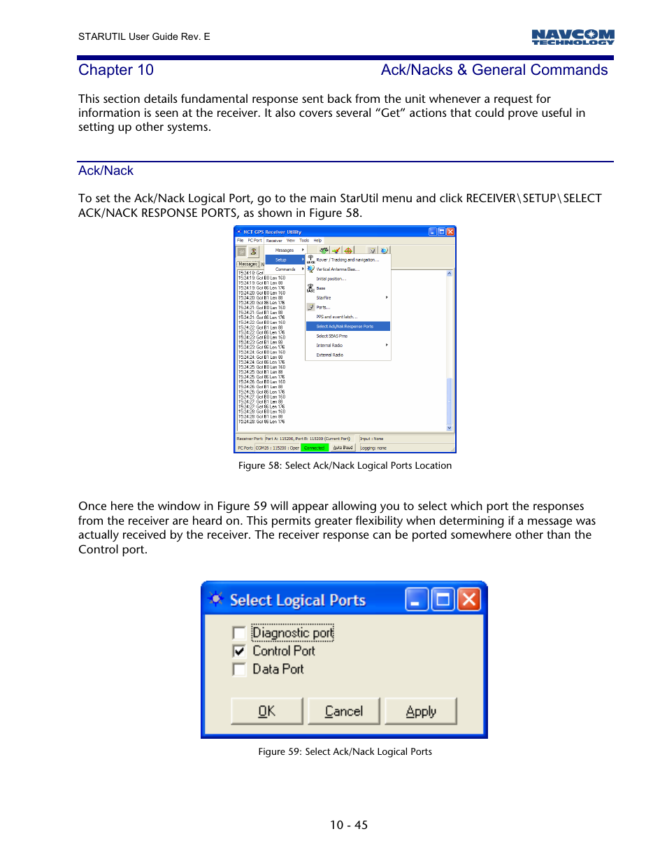 Chapter 10 ack/nacks & general commands, Ack/nack, Chapter 10 | Ack/nacks & general commands, Figure 57: select ack/nack logical ports location, Figure 58: select ack/nack logical ports | NavCom StarUtil Rev.E User Manual | Page 48 / 58