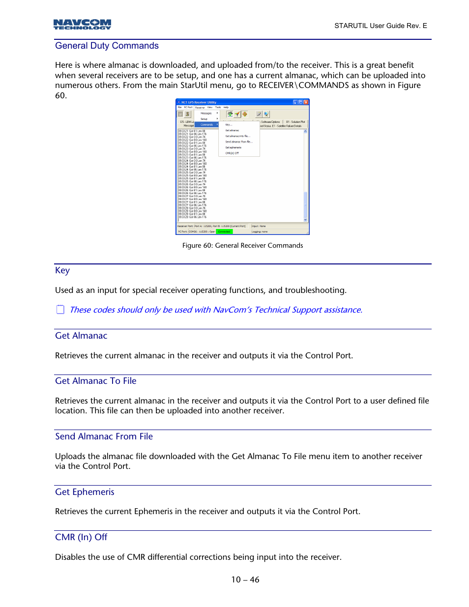 General duty commands, Get almanac, Get almanac to file | Send almanac from file, Get ephemeris, Cmr (in) off, Figure 59: general receiver commands | NavCom StarUtil Rev.E User Manual | Page 49 / 58