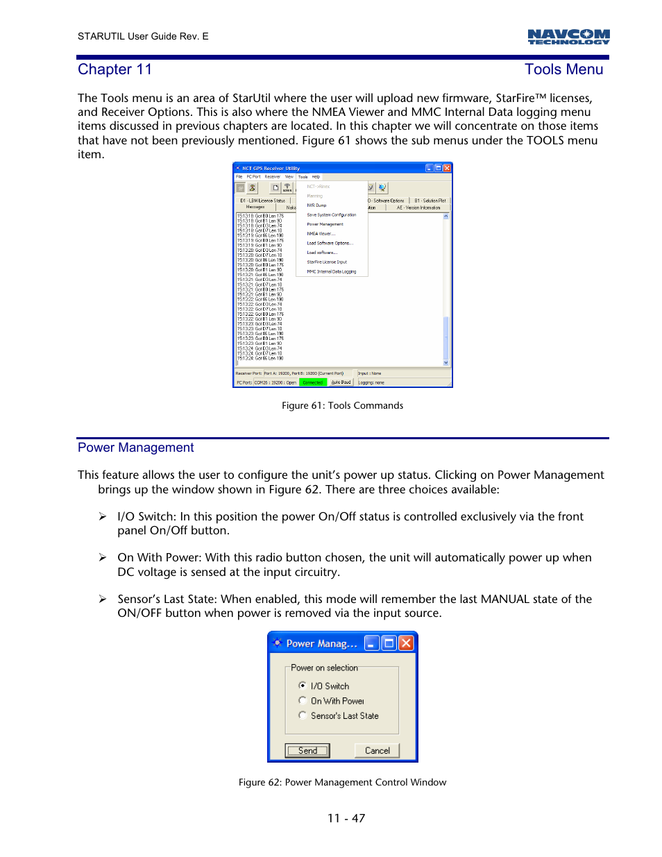 Chapter 11 tools menu, Power management, Chapter 11 | Tools menu, Figure 60: tools commands, Figure 61: power management control window | NavCom StarUtil Rev.E User Manual | Page 50 / 58