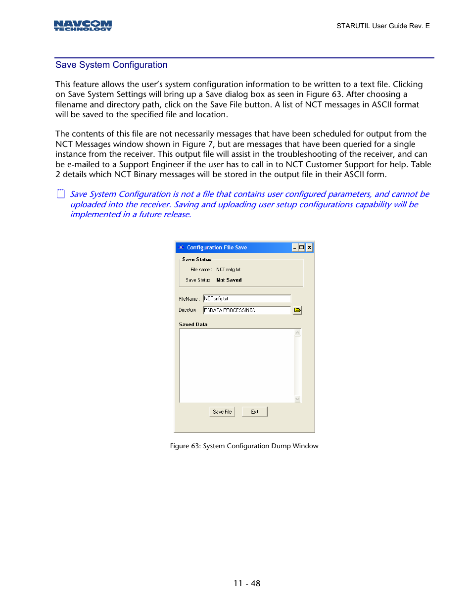 Save system configuration, Figure 62: system configuration dump window | NavCom StarUtil Rev.E User Manual | Page 51 / 58