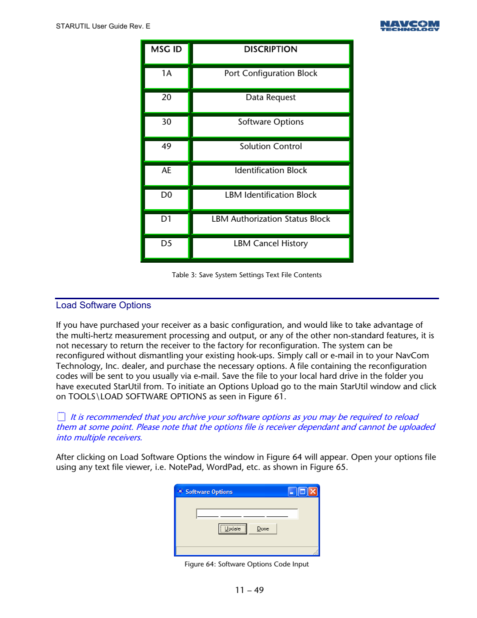 Load software options, Table 3: save system settings text file contents, Figure 63: software options code input | NavCom StarUtil Rev.E User Manual | Page 52 / 58