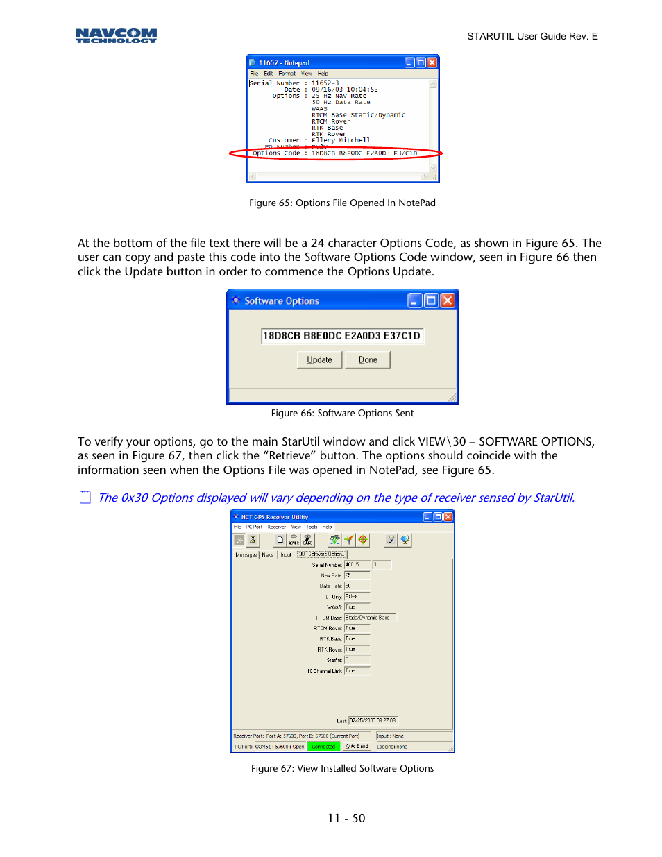 Figure 64: options file opened in notepad, Figure 65: software options sent, Figure 66: view installed software options | NavCom StarUtil Rev.E User Manual | Page 53 / 58