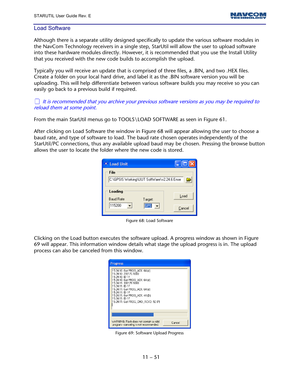 Load software, Figure 67: load software, Figure 68: software upload progress | NavCom StarUtil Rev.E User Manual | Page 54 / 58