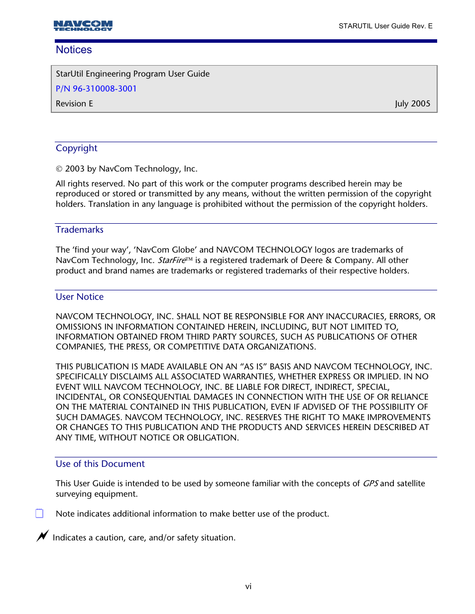 Notices, Copyright, Trademarks | User notice, Use of this document | NavCom StarUtil Rev.E User Manual | Page 7 / 58