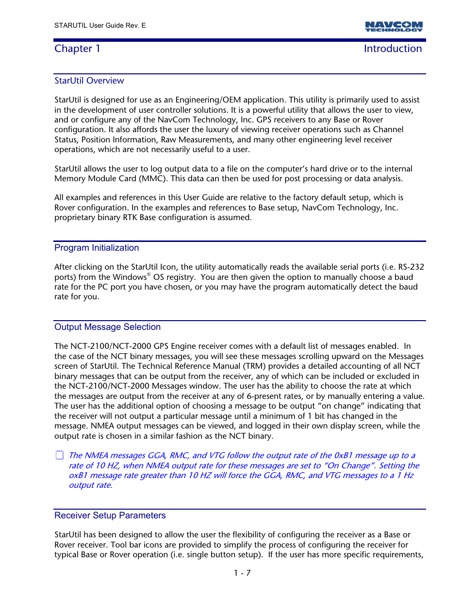 Chapter 1 introduction, Starutil overview, Program initialization | Output message selection, Receiver setup parameters | NavCom StarUtil Rev.E User Manual | Page 8 / 58