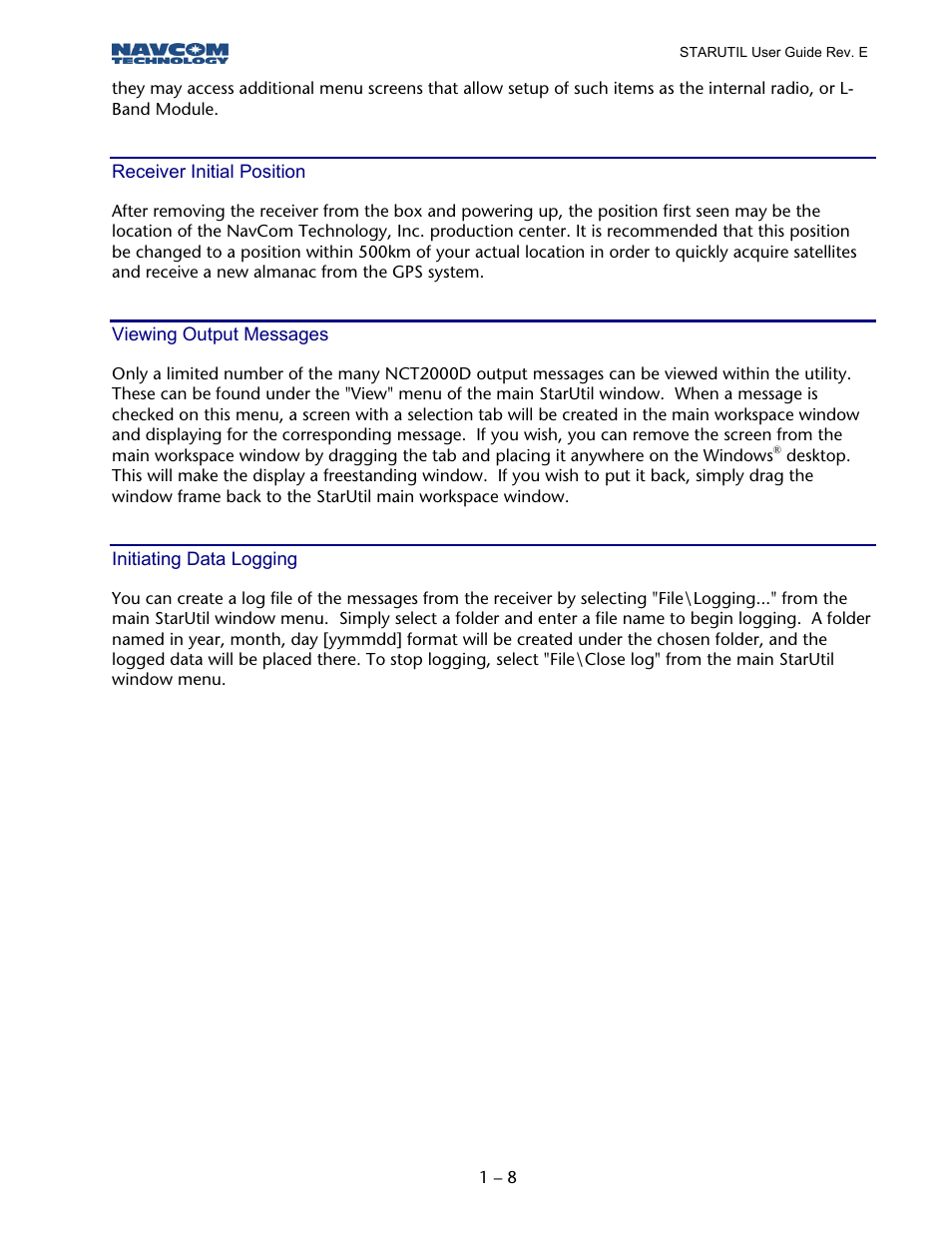 Receiver initial position, Viewing output messages, Initiating data logging | NavCom StarUtil Rev.E User Manual | Page 9 / 58