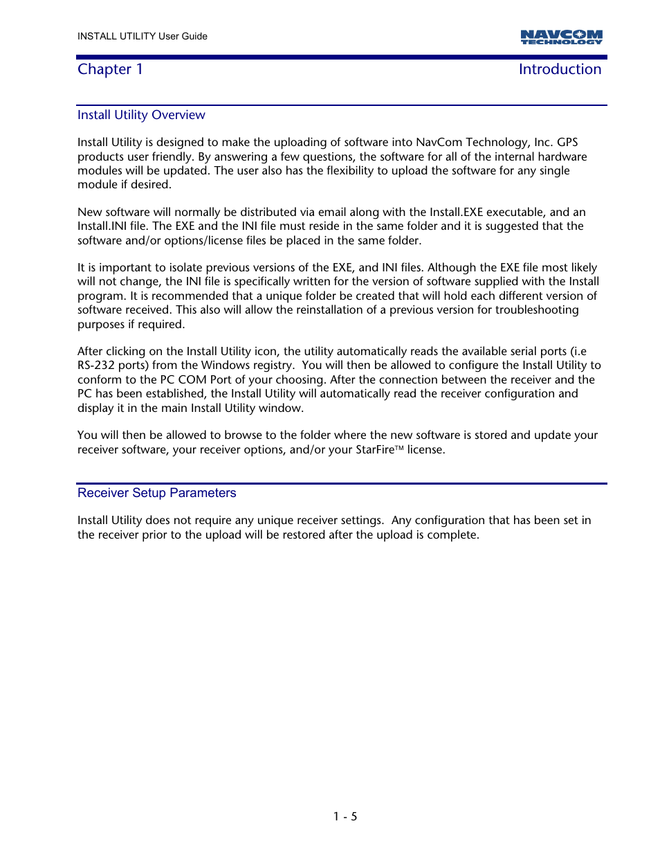 Chapter 1 introduction, Install utility overview, Receiver setup parameters | NavCom StarUtil Rev.B User Manual | Page 5 / 8