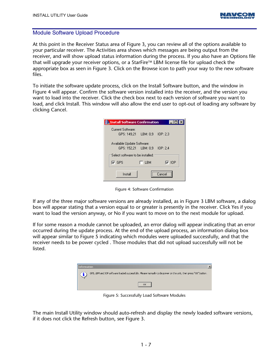 Module software upload procedure, Figure 4: software confirmation, Figure 5: successfully load software modules | NavCom StarUtil Rev.B User Manual | Page 7 / 8
