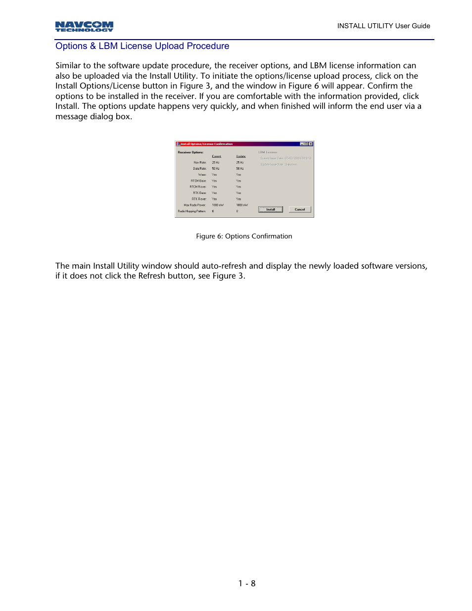 Options & lbm license upload procedure, Figure 6: options confirmation | NavCom StarUtil Rev.B User Manual | Page 8 / 8