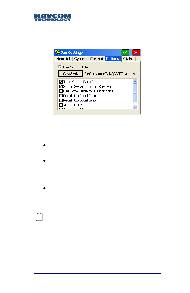 Figure 60: job settings submenu – options tab | NavCom SF-2040 Rev.C User Manual | Page 101 / 178