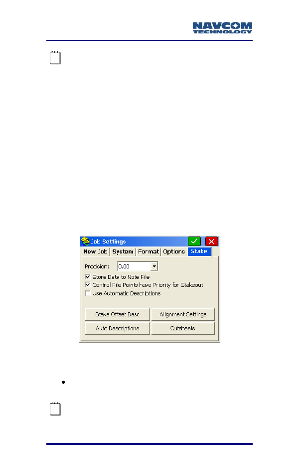 Figure 61: job settings submenu – stake tab | NavCom SF-2040 Rev.C User Manual | Page 102 / 178