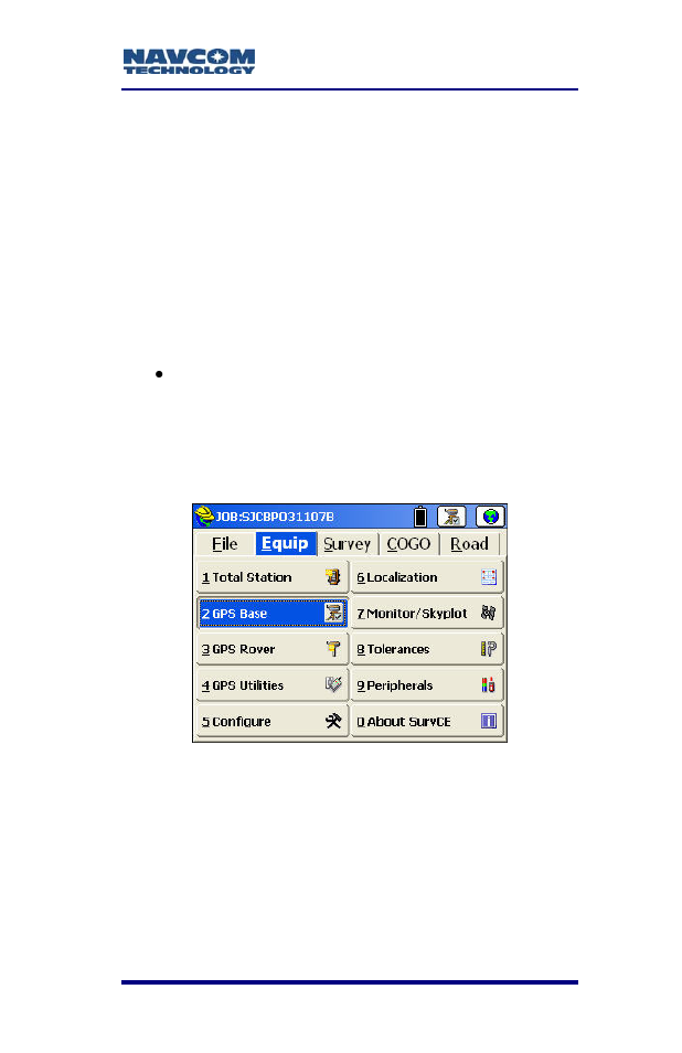 Gps base setup, Figure 62: equip menu – gps base | NavCom SF-2040 Rev.C User Manual | Page 103 / 178