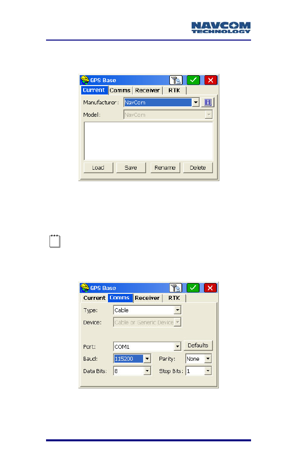 Figure 63: gps base submenu – current tab, Figure 64: gps base submenu – comms tab | NavCom SF-2040 Rev.C User Manual | Page 104 / 178
