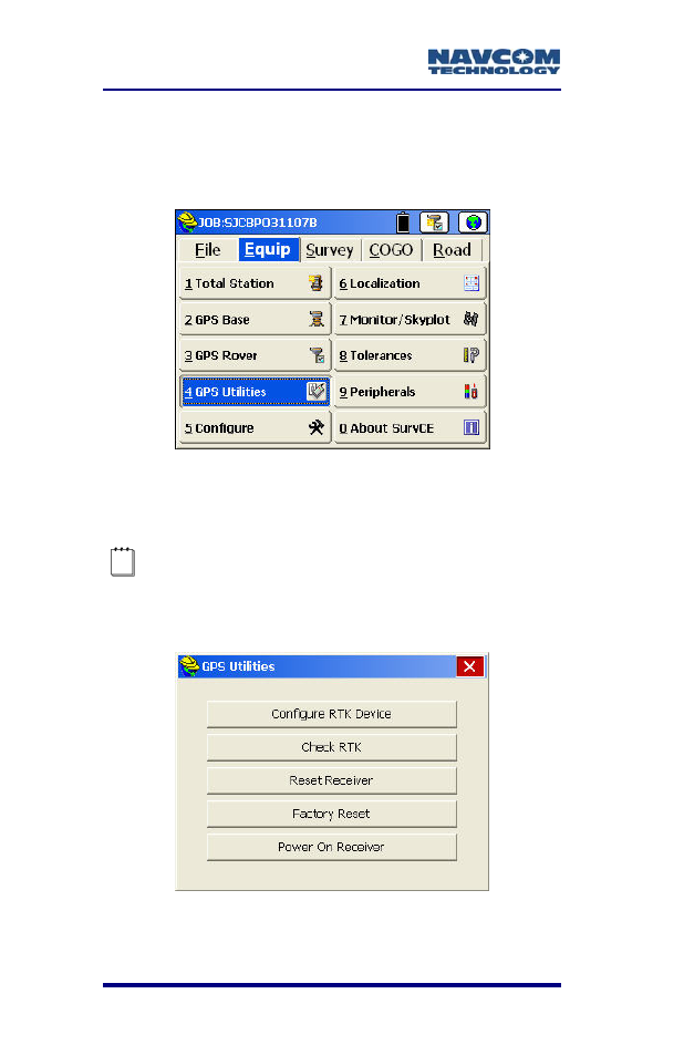 Gps utilities, Figure 78: equip menu – gps utilities, Figure 79: gps utilities submenu options | NavCom SF-2040 Rev.C User Manual | Page 118 / 178