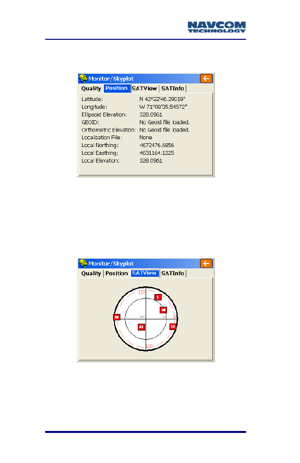 Figure 82: monitor/skyplot submenu – position, Figure 83: monitor/skyplot submenu – satview . 118 | NavCom SF-2040 Rev.C User Manual | Page 122 / 178