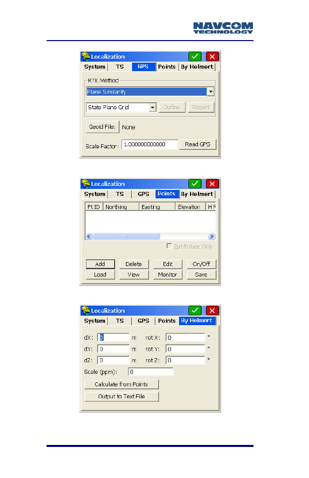 Figure 95: localization submenu – gps tab, Figure 96: localization submenu – points tab, Figure 97: localization submenu – by helmert | NavCom SF-2040 Rev.C User Manual | Page 132 / 178