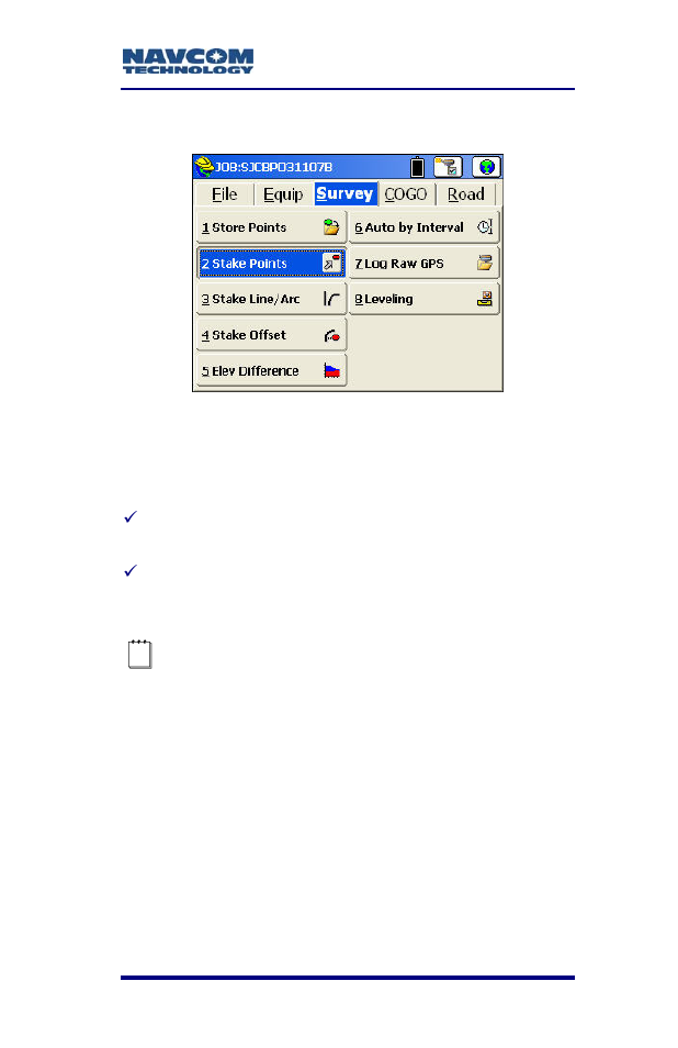 Stake points, Figure 98: survey menu – stake points | NavCom SF-2040 Rev.C User Manual | Page 133 / 178
