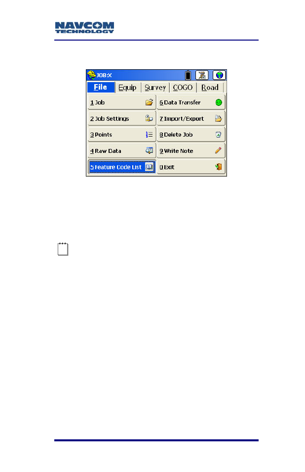 Feature code list, Cogo menu, Figure 102: file menu – feature code list | NavCom SF-2040 Rev.C User Manual | Page 137 / 178