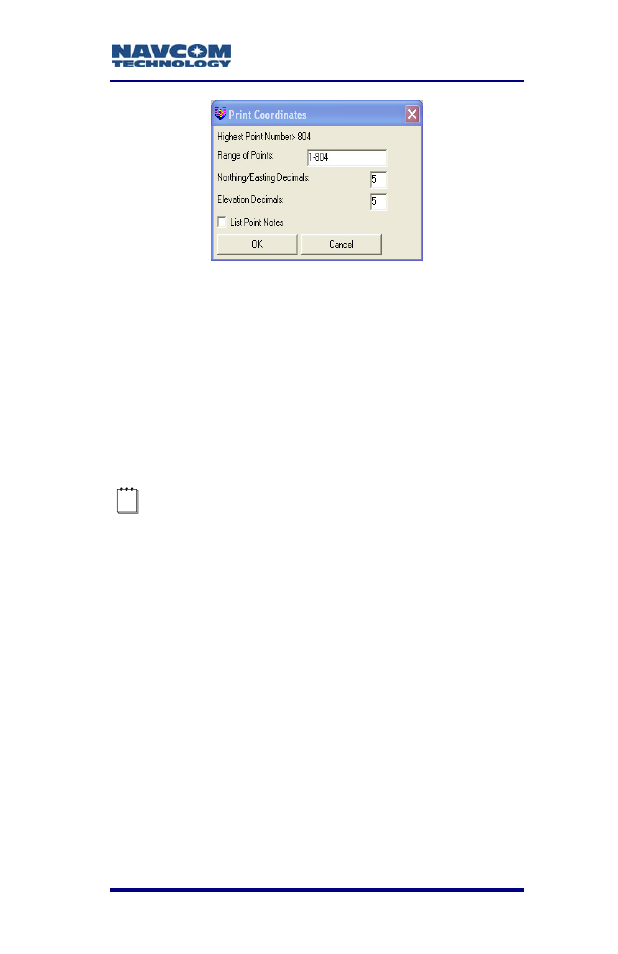 Figure 107: print coordinates window | NavCom SF-2040 Rev.C User Manual | Page 147 / 178