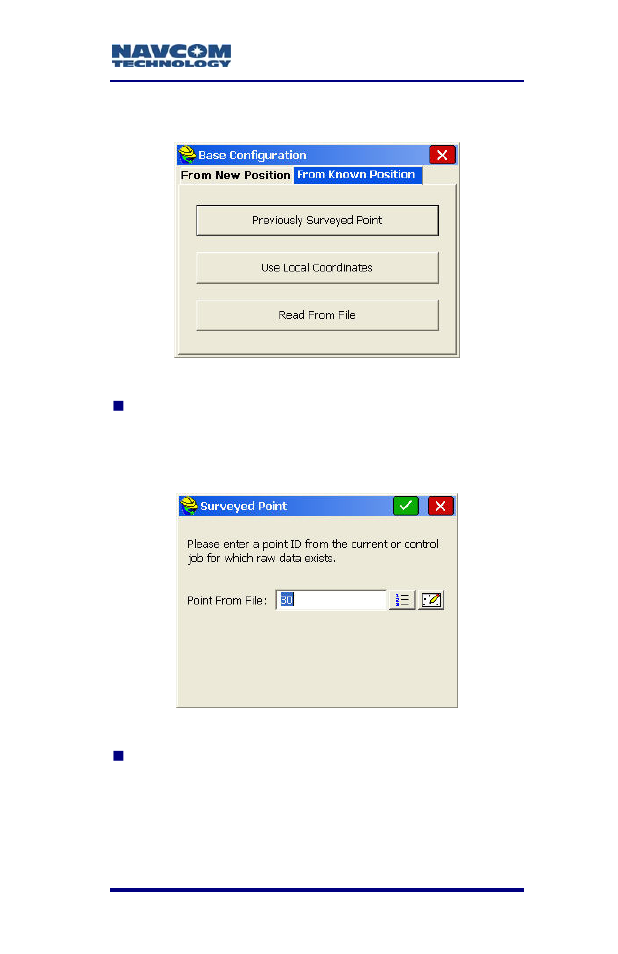 From known position tab, Figure 117: from known position tab, Figure 118: surveyed point window | NavCom SF-2040 Rev.C User Manual | Page 169 / 178