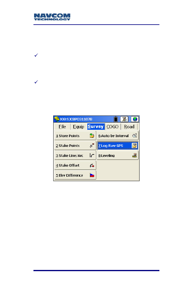 D static data collection, Collect static data, Static data collection | Figure 124: survey menu – log raw gps, Co c a lle t static dat | NavCom SF-2040 Rev.C User Manual | Page 175 / 178