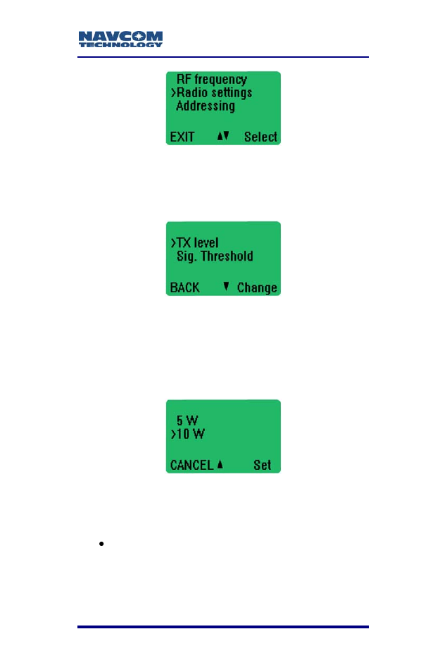 Figure 23: main menu – radio settings, Figure 24: tx level option, Figure 25: rf power output settings | NavCom SF-2040 Rev.C User Manual | Page 71 / 178