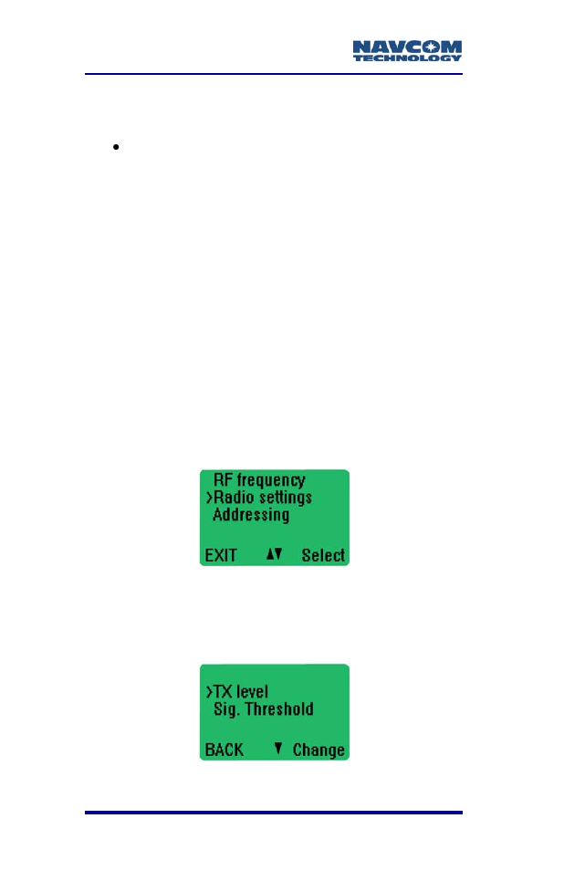 Signal threshold, Figure 26: main menu – radio settings, Figure 27: sig. threshold option | NavCom SF-2040 Rev.C User Manual | Page 72 / 178