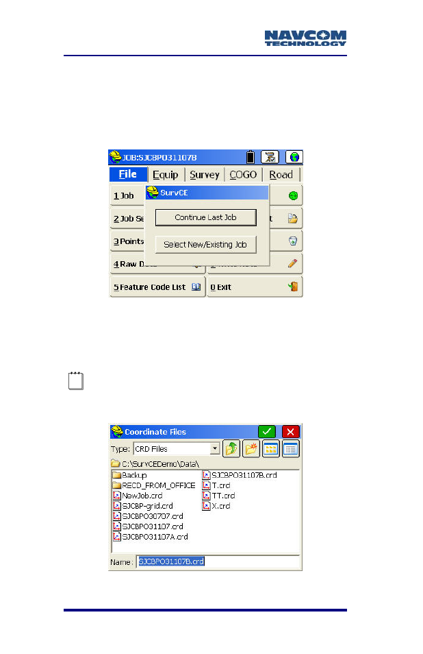 Figure 53: survce job selection box, Figure 54: coordinate files window | NavCom SF-2040 Rev.C User Manual | Page 96 / 178