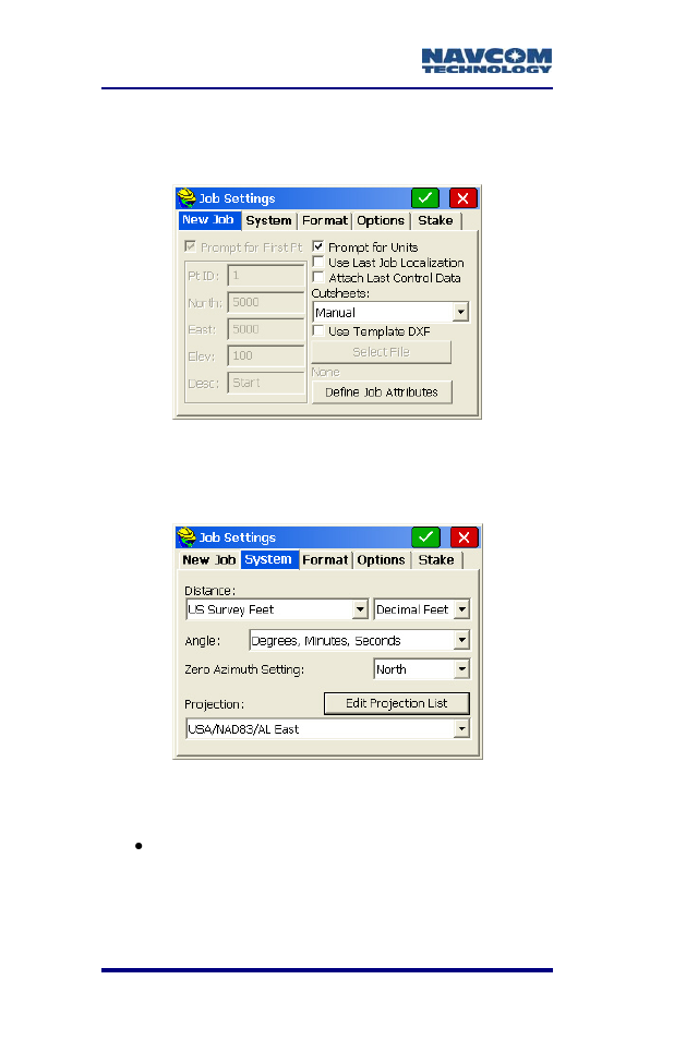 Figure 56: job settings submenu – new job tab, Figure 57: job settings submenu – system tab | NavCom SF-2040 Rev.C User Manual | Page 98 / 178