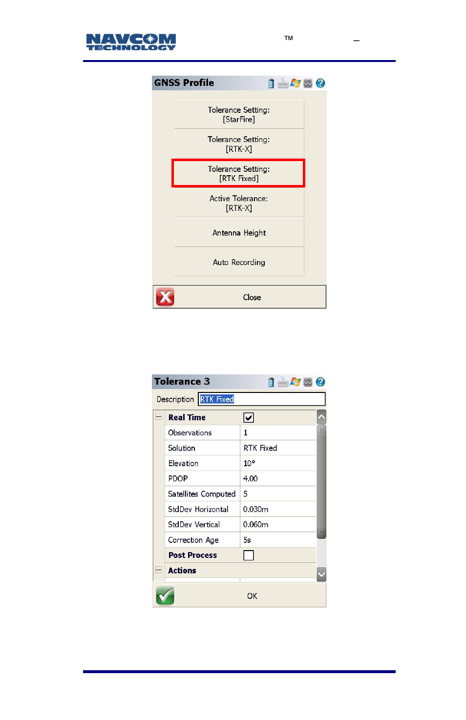 Figure 58: gnss profile/tolerance setting [rtk, Fixed, Figure 59: tolerance 3/rtk fixed | Figure 58), Figure | NavCom LAND-PAK Rev.E User Manual | Page 101 / 156