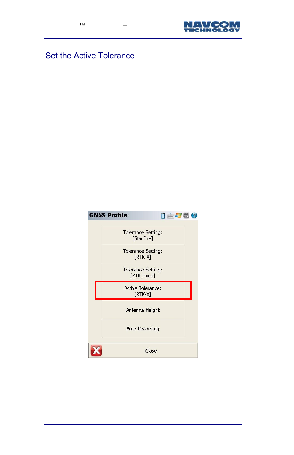Set the active tolerance, Figure 60: gnss profile/active tolerance [starfire | NavCom LAND-PAK Rev.E User Manual | Page 102 / 156