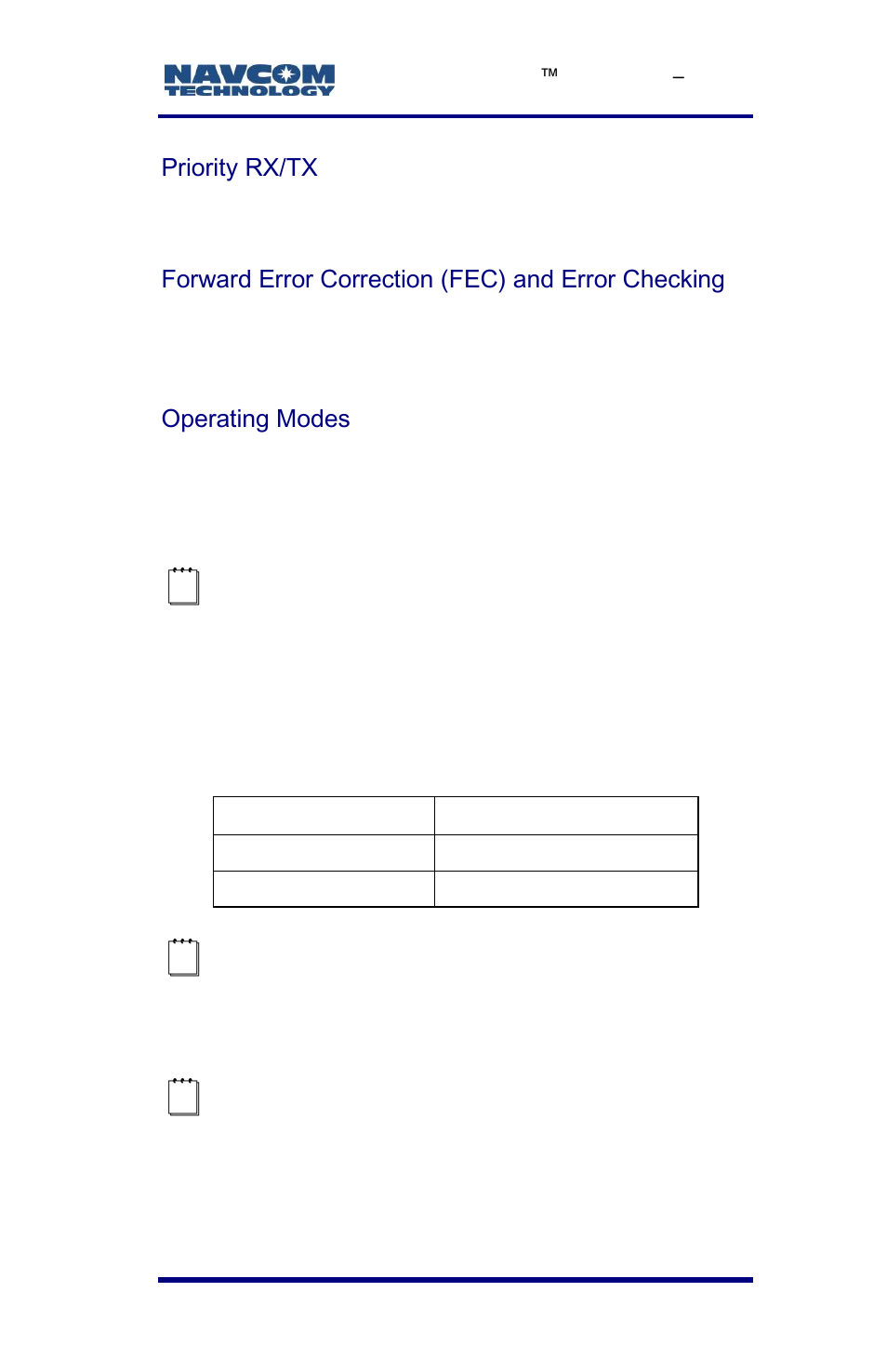 Priority rx/tx, Forward error correction (fec) and error checking, Operating modes | Table 13: receiver sensitivity | NavCom LAND-PAK Rev.E User Manual | Page 111 / 156