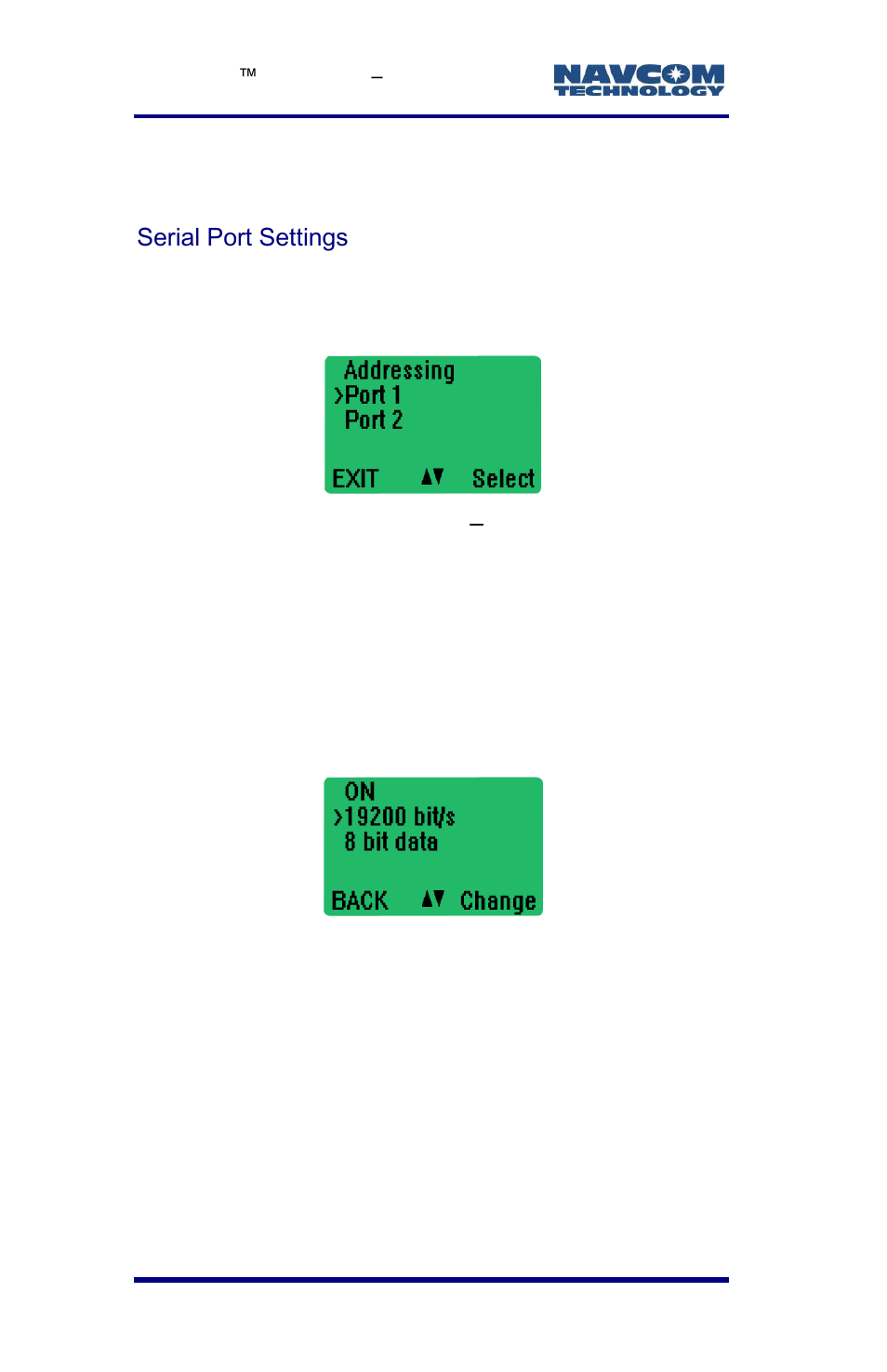 Serial port settings, Figure 75: main menu, Port 1 setting | Figure 76: baud rate setting | NavCom LAND-PAK Rev.E User Manual | Page 118 / 156