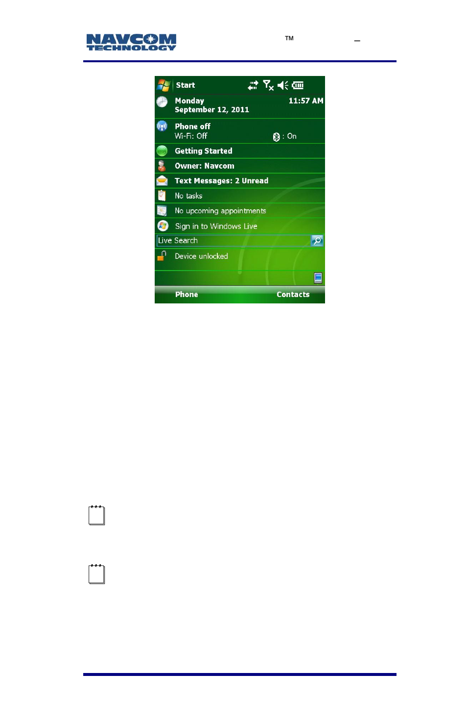 Sf-3040 uhf radio modem configuration, Figure 18: windows mobile start screen | NavCom LAND-PAK Rev.E User Manual | Page 55 / 156