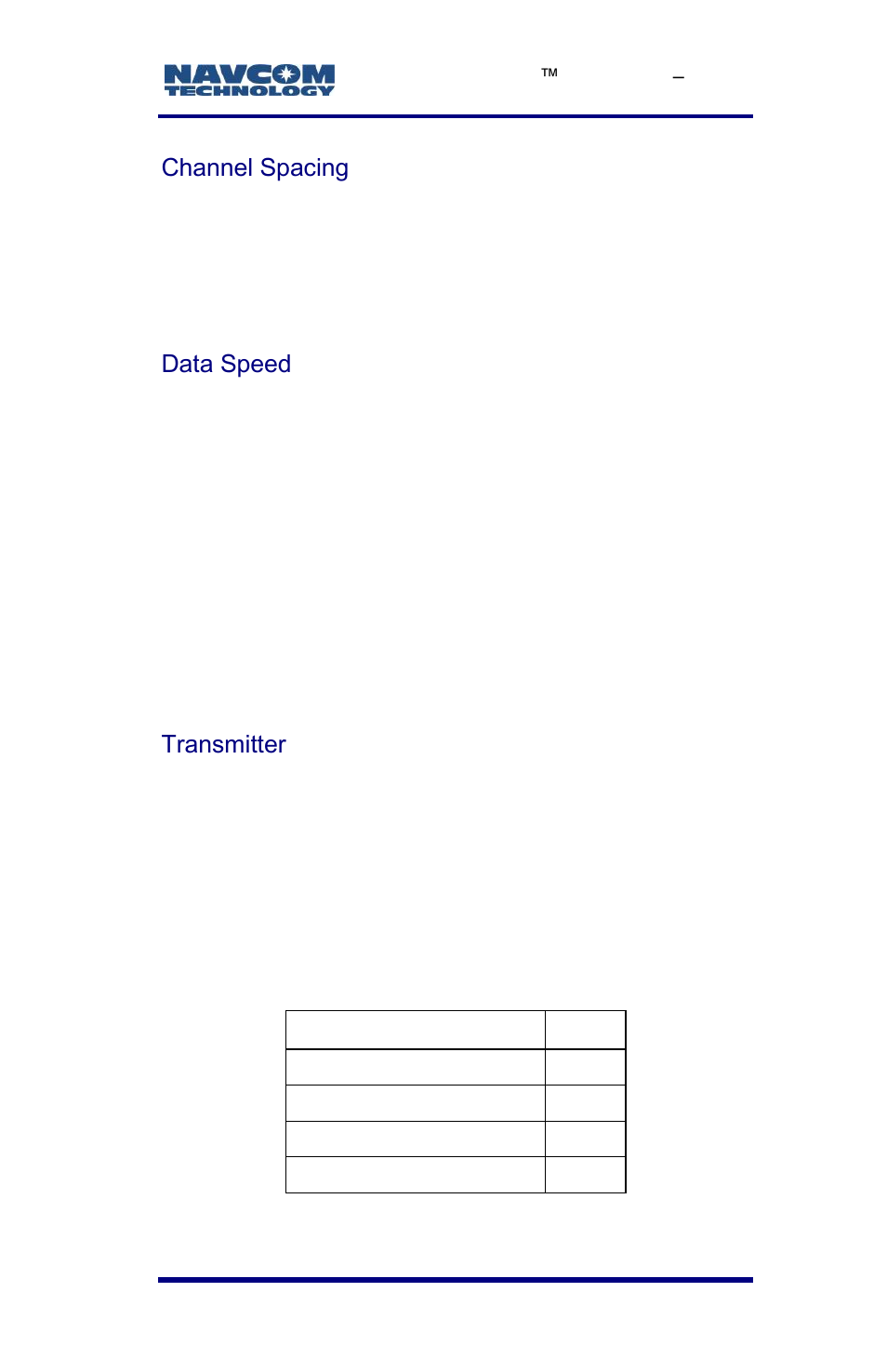 Channel spacing, Data speed, Transmitter | Table 8: transmission output power values, watts, Vs. dbm | NavCom LAND-PAK Rev.E User Manual | Page 59 / 156