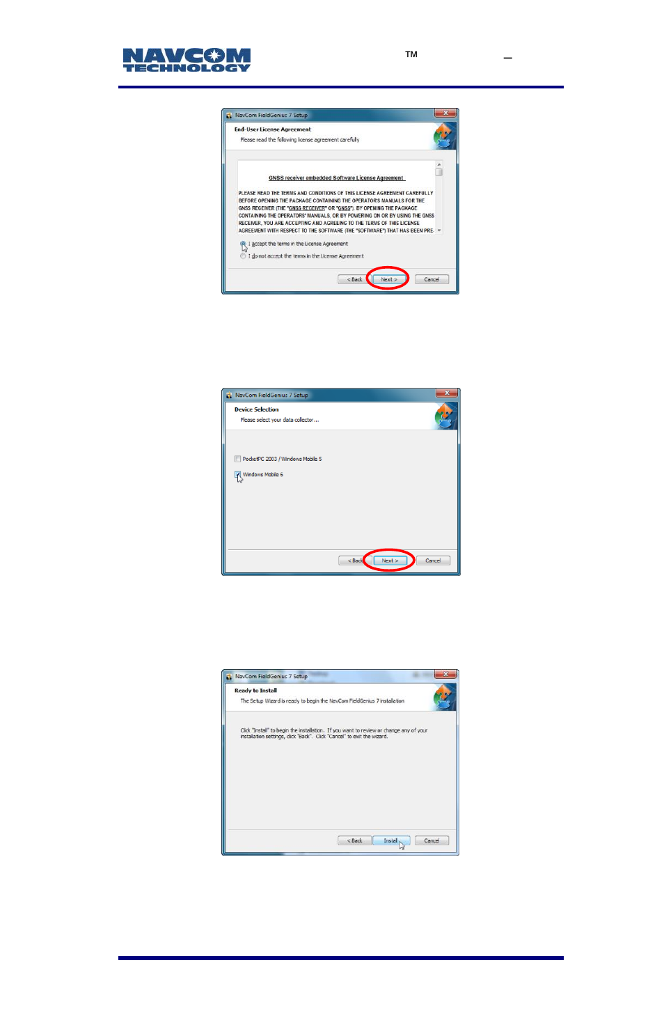Figure 27: end-user license agreement, Figure 28: device selection screen, Figure 29: ready to install screen | NavCom LAND-PAK Rev.E User Manual | Page 69 / 156