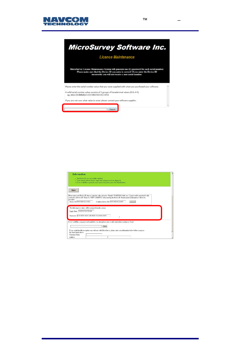 Figure 35: microsurvey license maintenance screen, Figure 36: microsurvey password screen | NavCom LAND-PAK Rev.E User Manual | Page 73 / 156