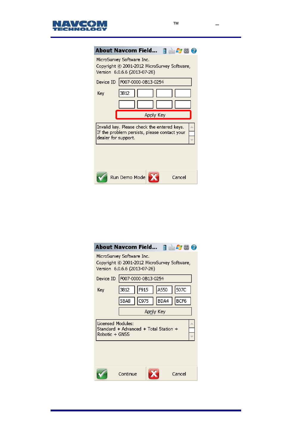 Figure 38: fieldgenius registration key screen | NavCom LAND-PAK Rev.E User Manual | Page 75 / 156
