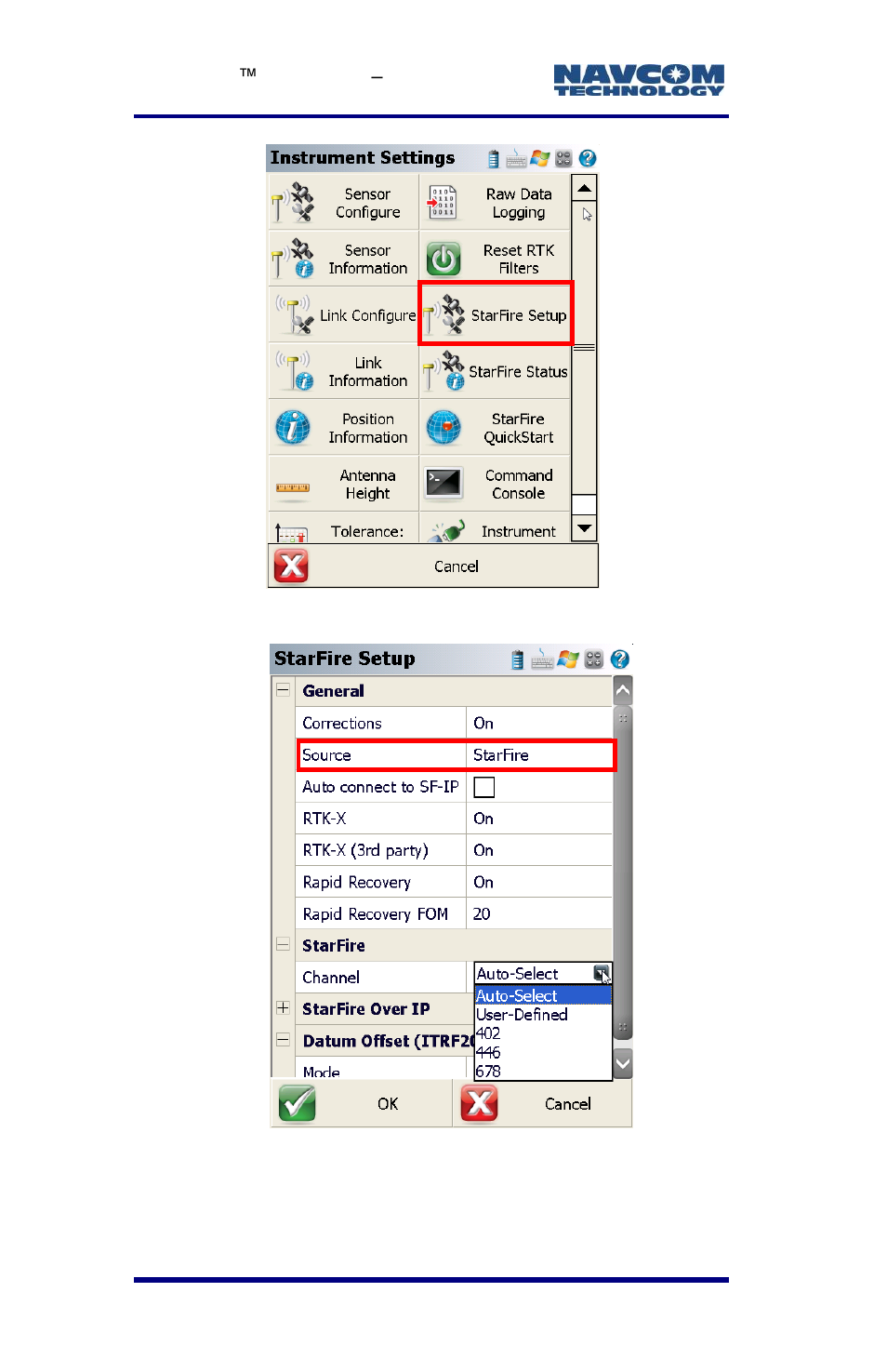 Figure 47: instrument settings/starfire setup, Figure 48: starfire setup/source, Figure 47) | NavCom LAND-PAK Rev.E User Manual | Page 84 / 156