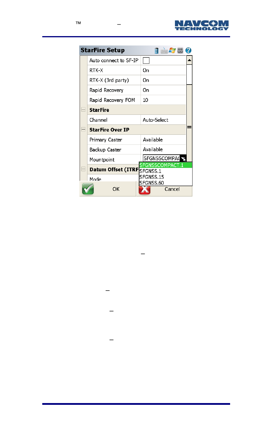Figure 51: starfire setup/mountpoint selection | NavCom LAND-PAK Rev.E User Manual | Page 88 / 156