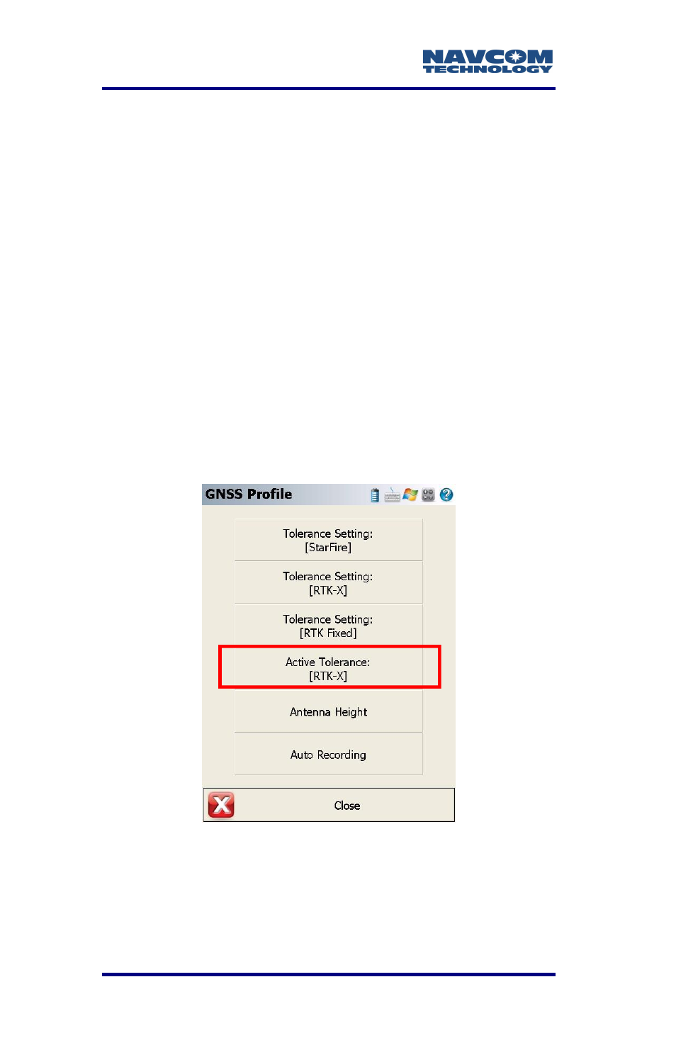 Set the active tolerance, Figure 59: gnss profile/active tolerance [starfire | NavCom LAND-PAK Rev.F User Manual | Page 104 / 159