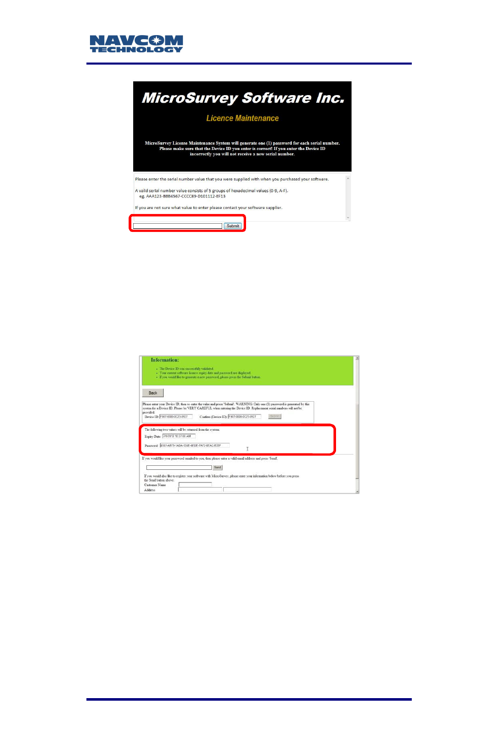 Figure 34: microsurvey license maintenance screen, Figure 35: microsurvey password screen | NavCom LAND-PAK Rev.F User Manual | Page 75 / 159