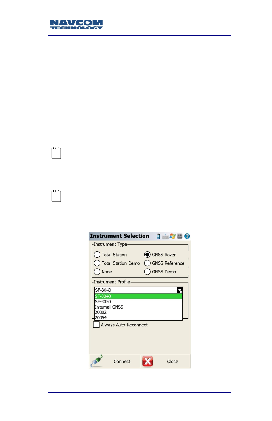 Configure the internal radio as the data collector, Figure 39: instrument selection | NavCom LAND-PAK Rev.F User Manual | Page 79 / 159