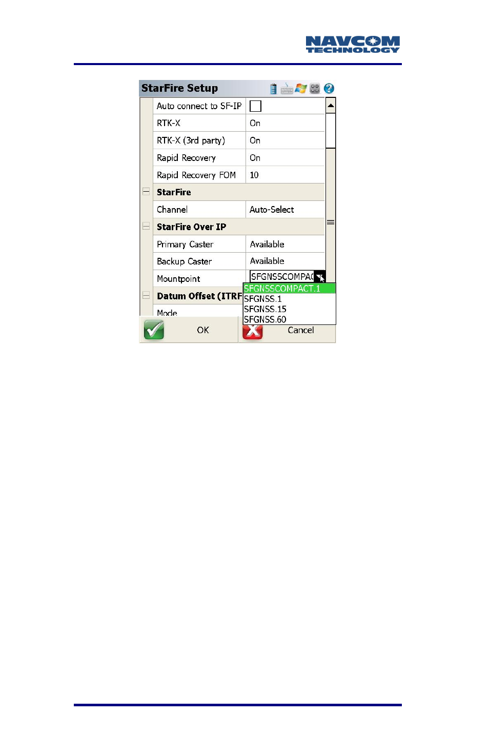 Figure 50: starfire setup/mountpoint selection | NavCom LAND-PAK Rev.F User Manual | Page 90 / 159