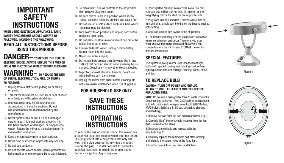 Conair Double Sided Mirror BE18NX User Manual | 2 pages