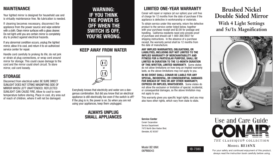 Use and care guide, Brushed nickel double sided mirror, With 4 light settings and 5x/1x magnification | Keep away from water, Always unplug small appliances, Maintenance, Storage, Limited one-year warranty | Conair Double Sided Mirror BE18NX User Manual | Page 2 / 2
