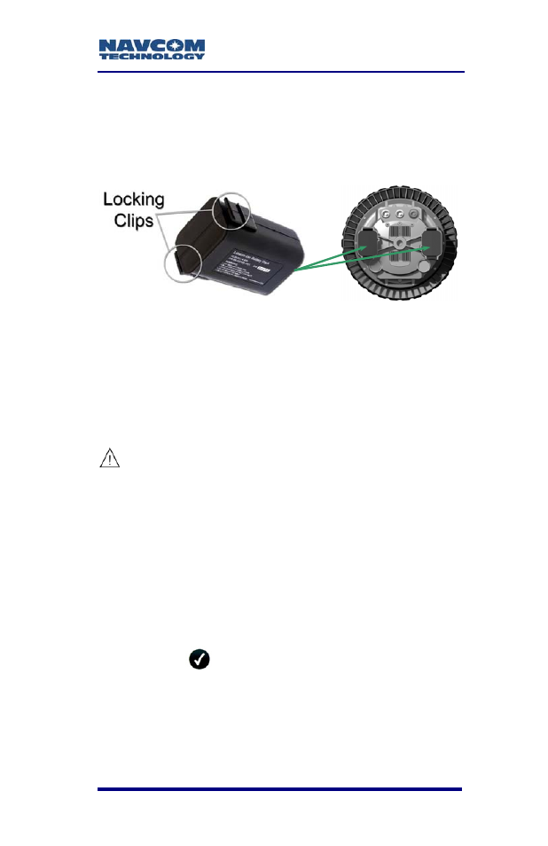 Battery installation, Battery removal, Battery testing | Figure 6: battery locking clips | NavCom SF-2040 Rev.F User Manual | Page 41 / 93