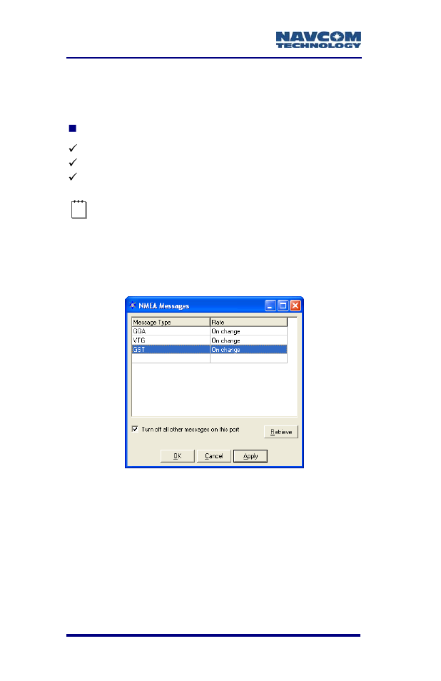 Factory default settings, Figure 15: starutil nmea message list | NavCom SF-2050 Rev.G User Manual | Page 56 / 99