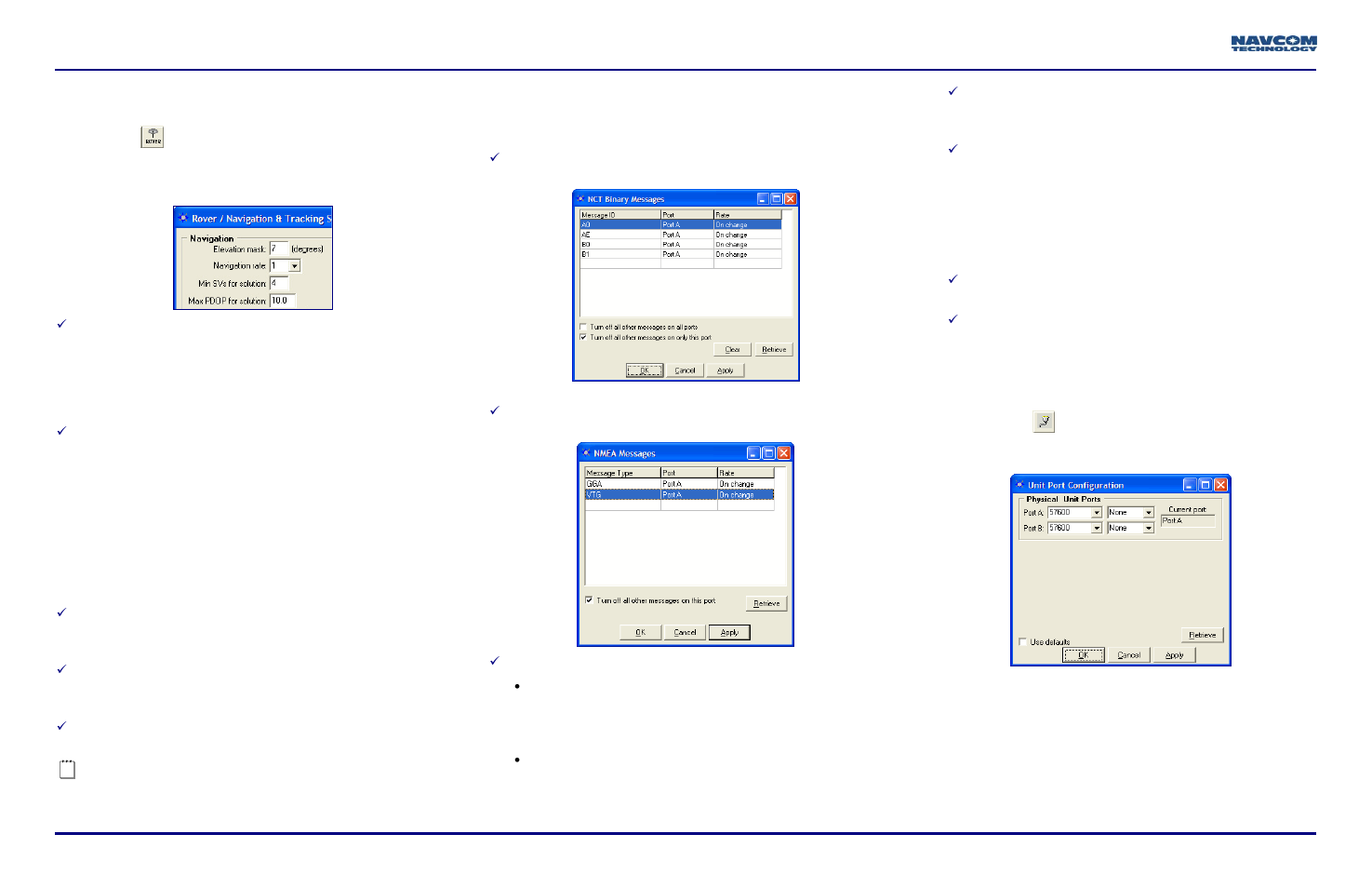 Configure navigation mode, Schedule message output, Configure data ports | NavCom SF-2110 Quick Start Rev.A User Manual | Page 2 / 2